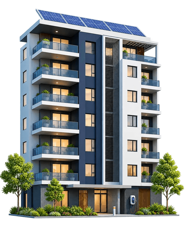 Modern all-electric apartment building with rooftop solar and EV charging