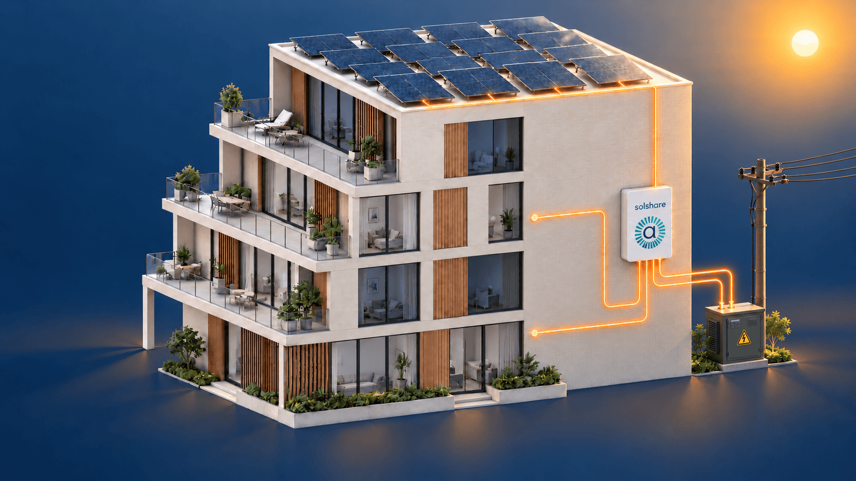 Daytime apartment building sharing rooftop solar and exporting electricity the building does not use
