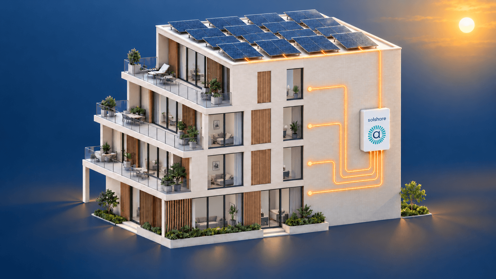 Apartment building using one rooftop solar system to share energy through Allume SolShare
