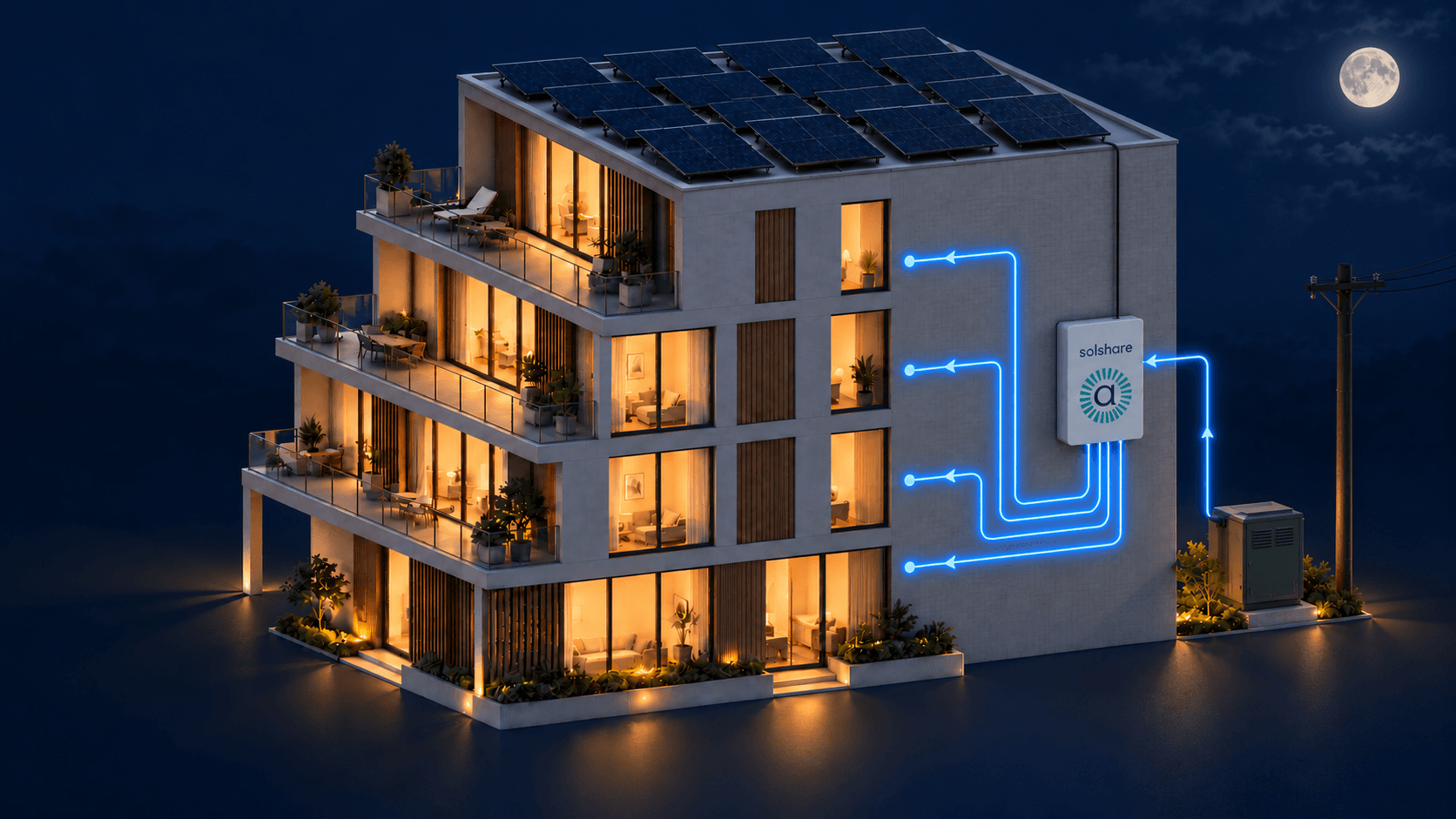Apartment building at night using electricity from the public grid when rooftop solar is unavailable